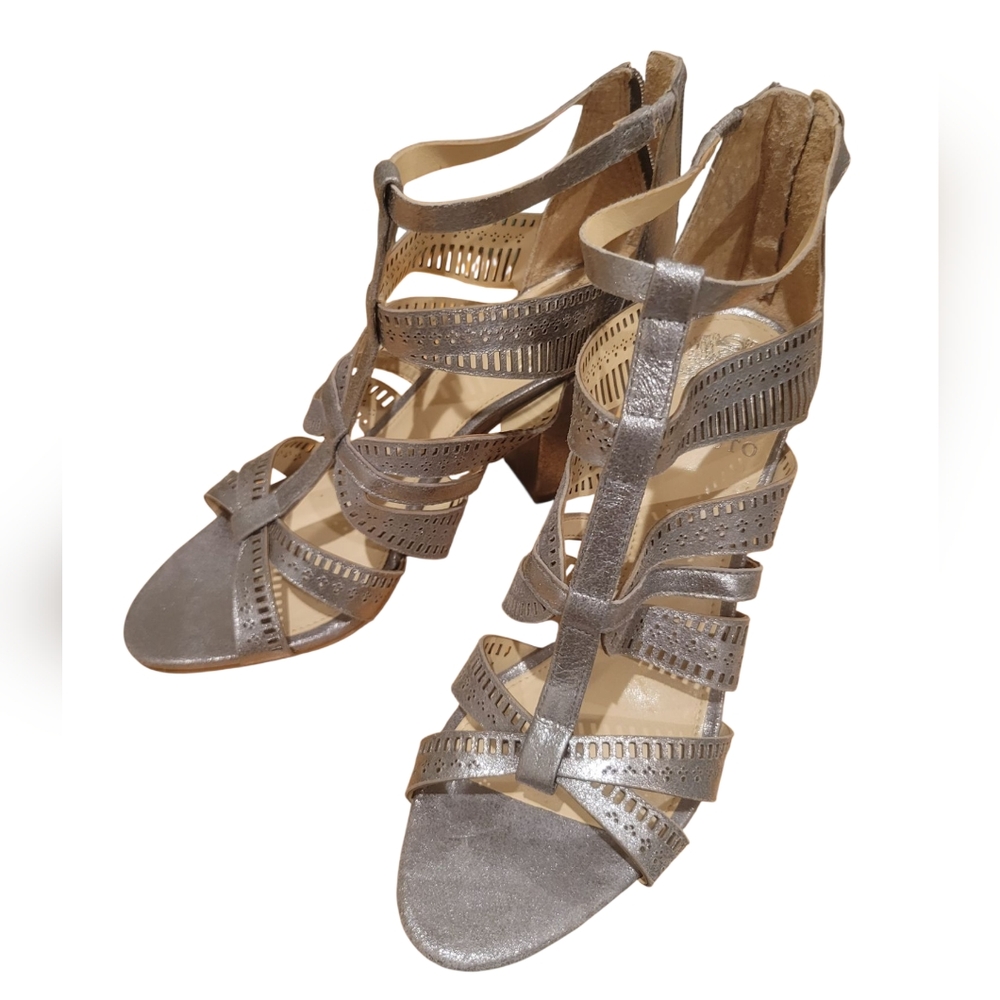 Vince Camuto Gladiator Sandals Silver Metallic Leather Strappy Heels Nizana 7.5